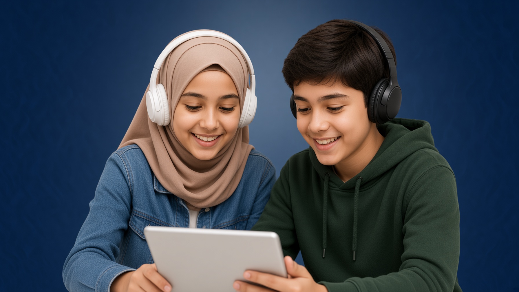Muslim boy and girl learning online